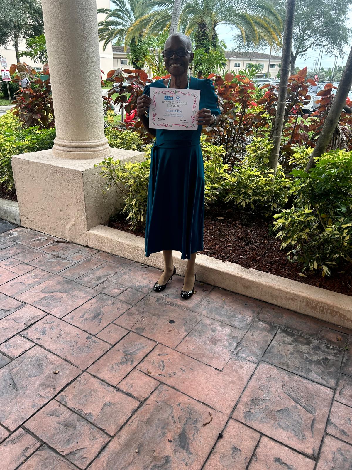 Congratulations to our amazing caregiver, Althea Phillips, for winning the prestigious Wings of Angel Award from the Broward Coalition on Aging! 🏆