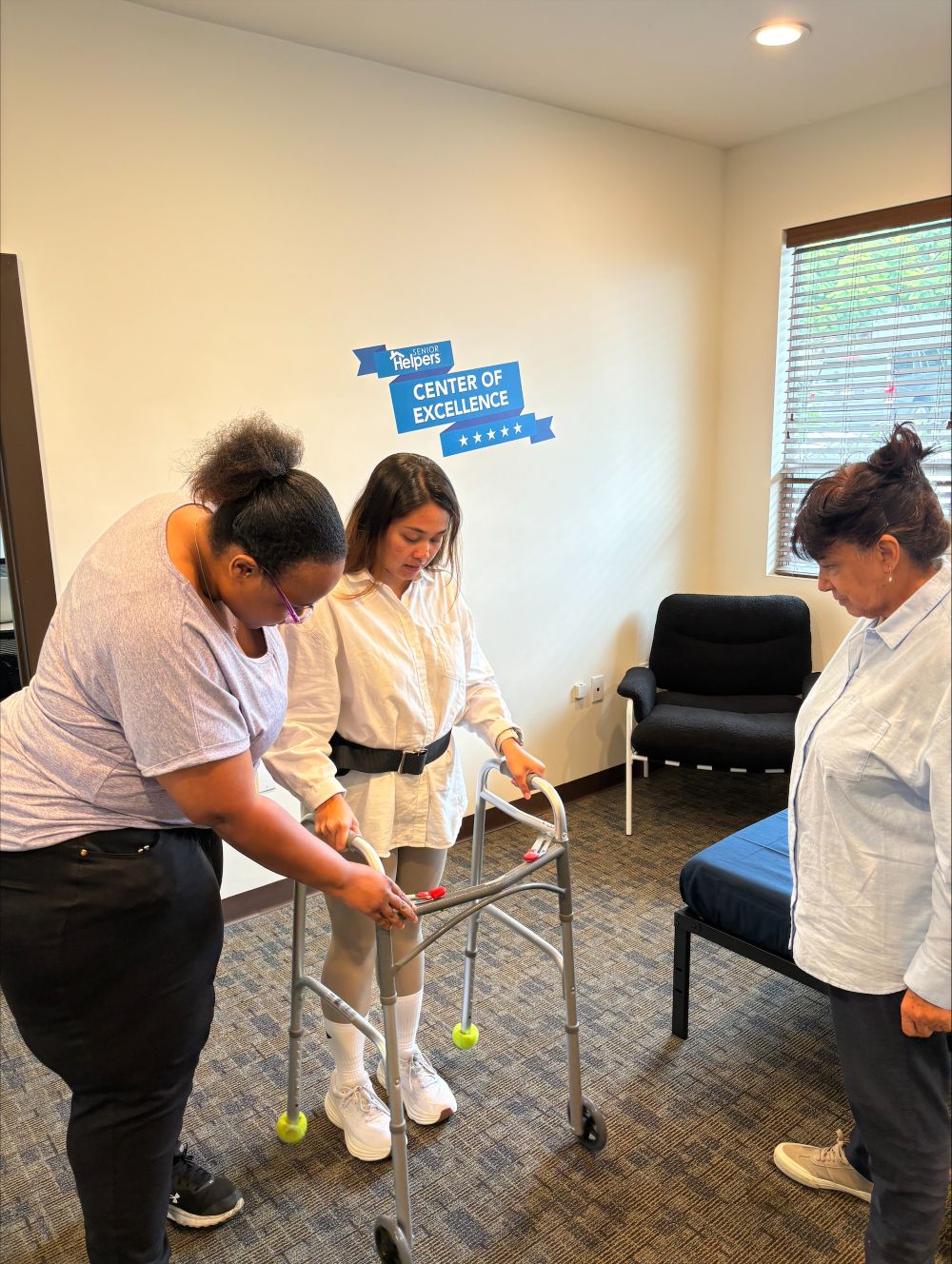 Check out our hands-on training where we teach caregivers the proper way to use a walker! In this photo, we're highlighting the risks of using tennis balls on a walker instead of walker skis. Safety first!